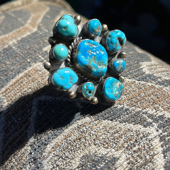 Sterling and turquoise, Native American, Navajo cluster ring - Picture 2 of 9